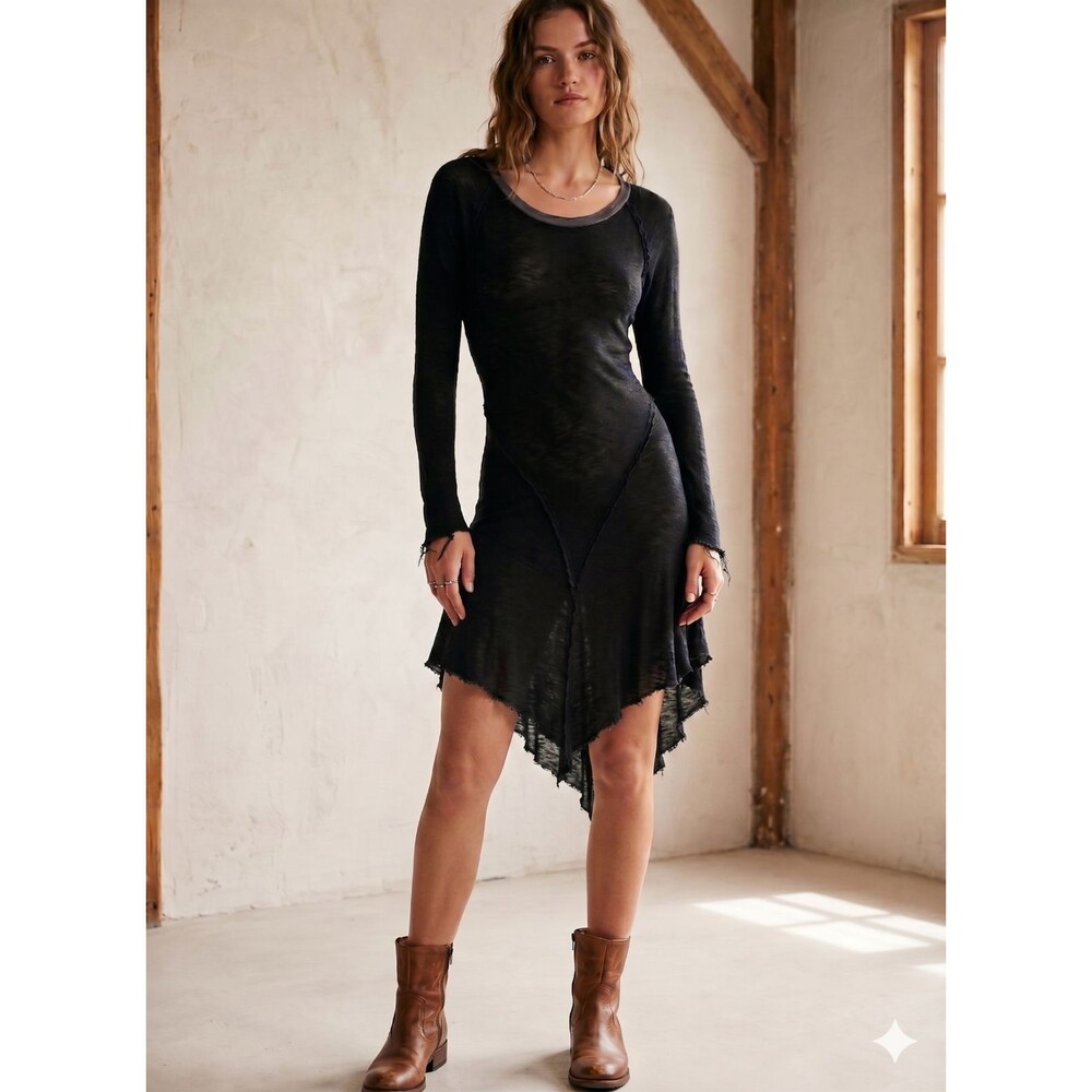 Free People Intimately "Retro Romance" Black Asymmetrical Mini Dress Long Sleeve